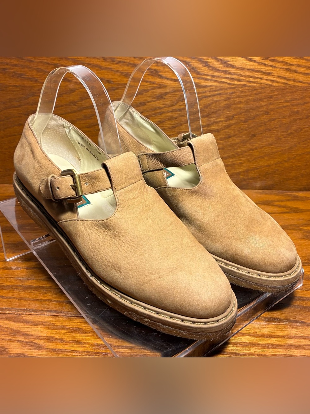 VTG 90s Cole Haan Country Tan Nubuck Mary Jane Crepe Sole Flats Brazil Size 7.5